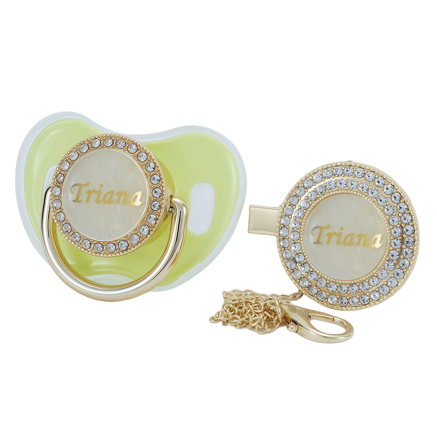 MIYOCAR Custom Gold Bling Diamond Baby Pacifier with Clip Set Personalized for Newborns and Babies Personalized Baby Bling Pacifier gold pacifier