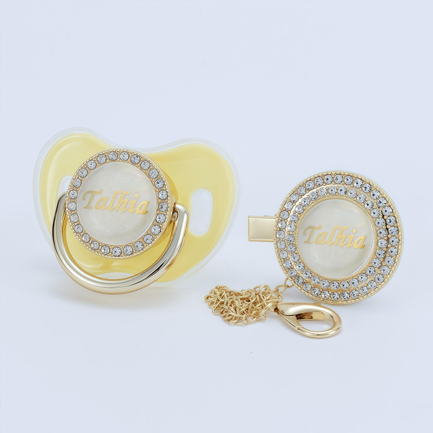 MIYOCAR Custom Gold Bling Diamond Baby Pacifier with Clip Set Personalized for Newborns and Babies Personalized Baby Bling Pacifier gold  pacifier