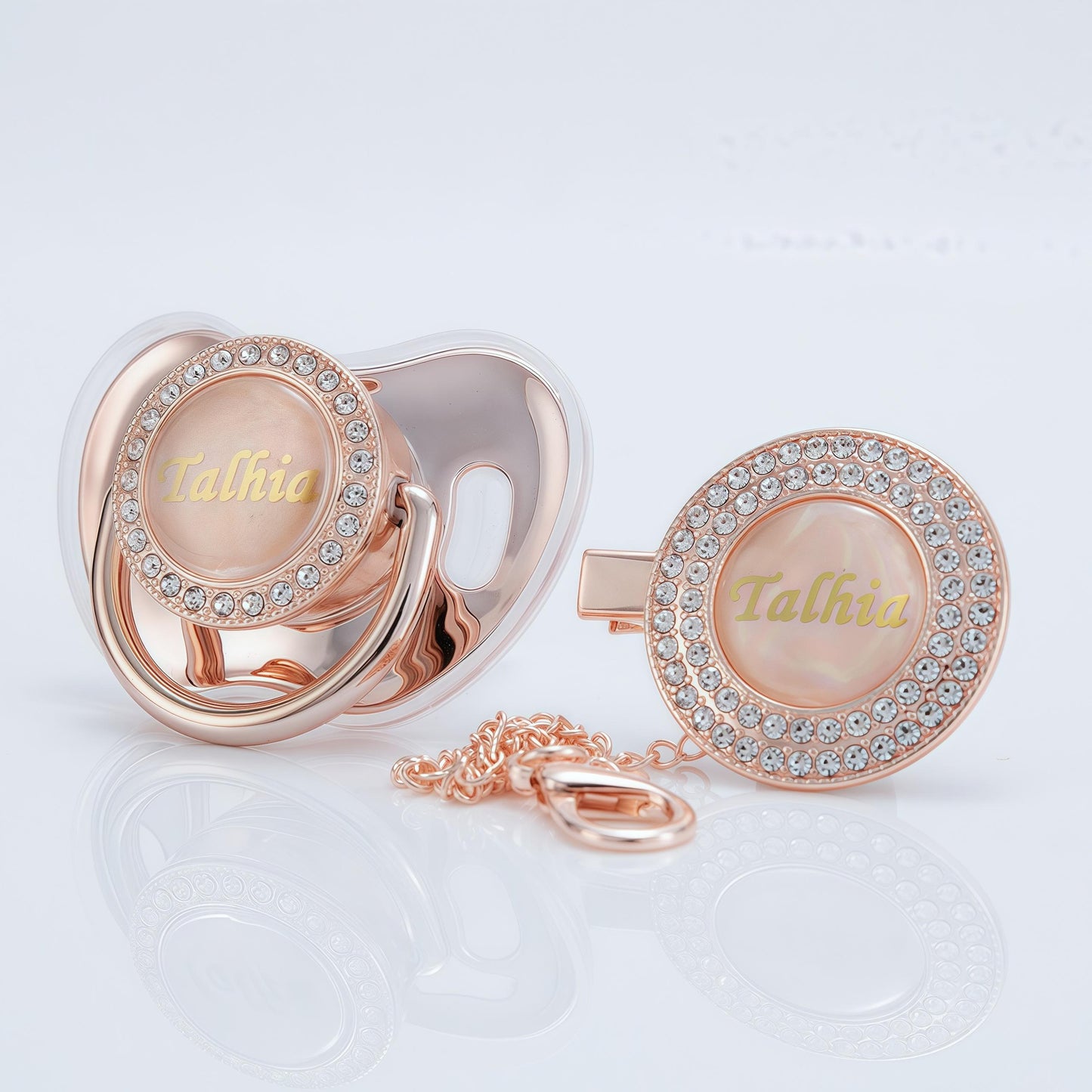 MIYOCAR Custom Gold Bling Diamond Baby Pacifier with Clip Set Personalized for Newborns and Babies Personalized Baby Bling Pacifier gold  pacifier