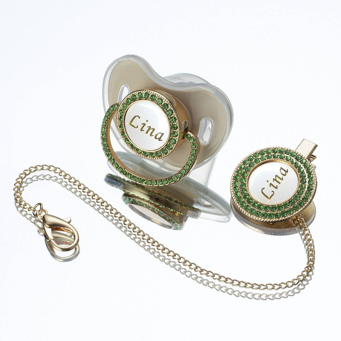 MIYOCAR Lovely bling Custom baby pacifiers and clips/holder kit with name Adorned with Elegant Green Rhinestones for boy girl