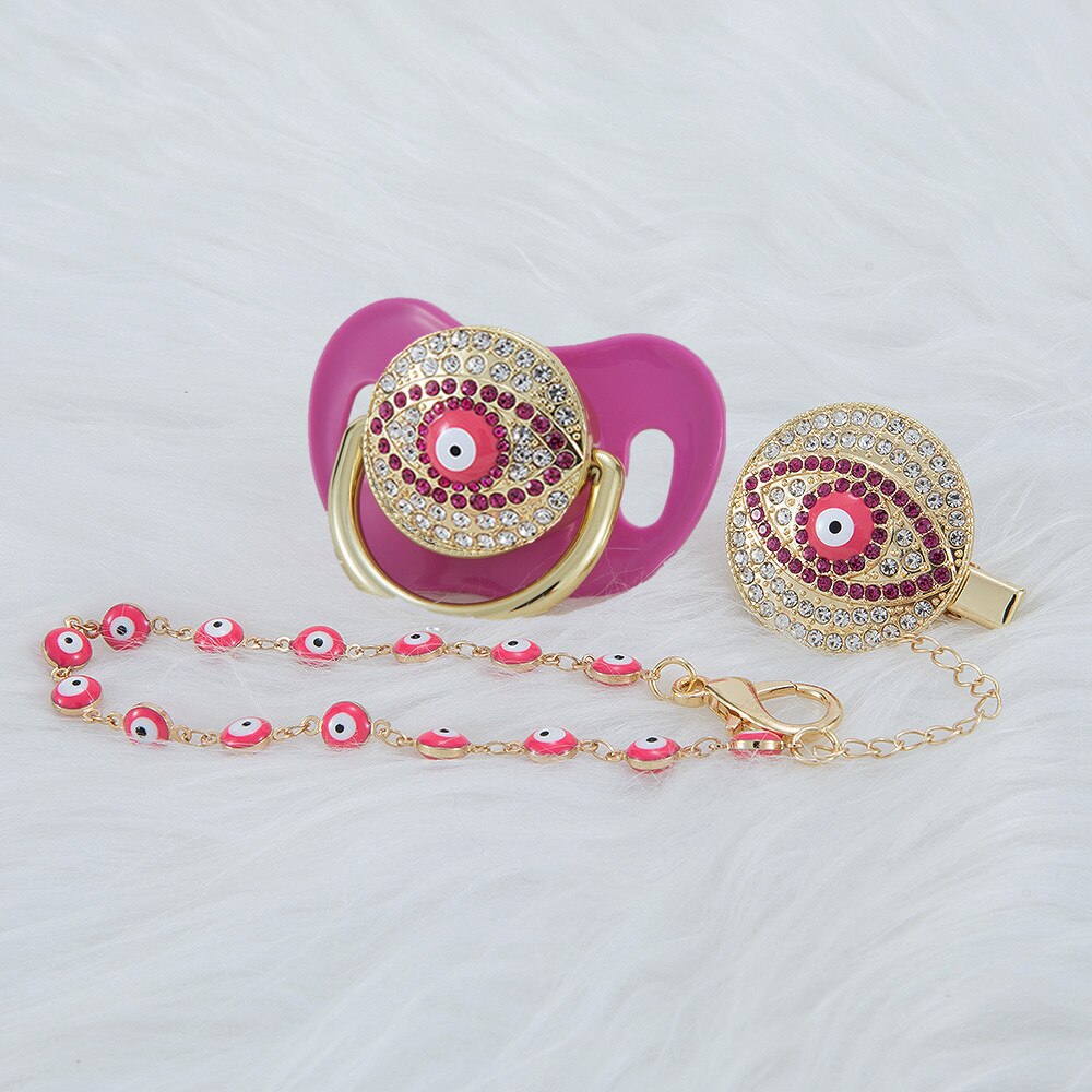 MIYOCAR pink Bling evil eye pacifier and clip set pacifier chain holder bling colorful sweet evil eye pacifier