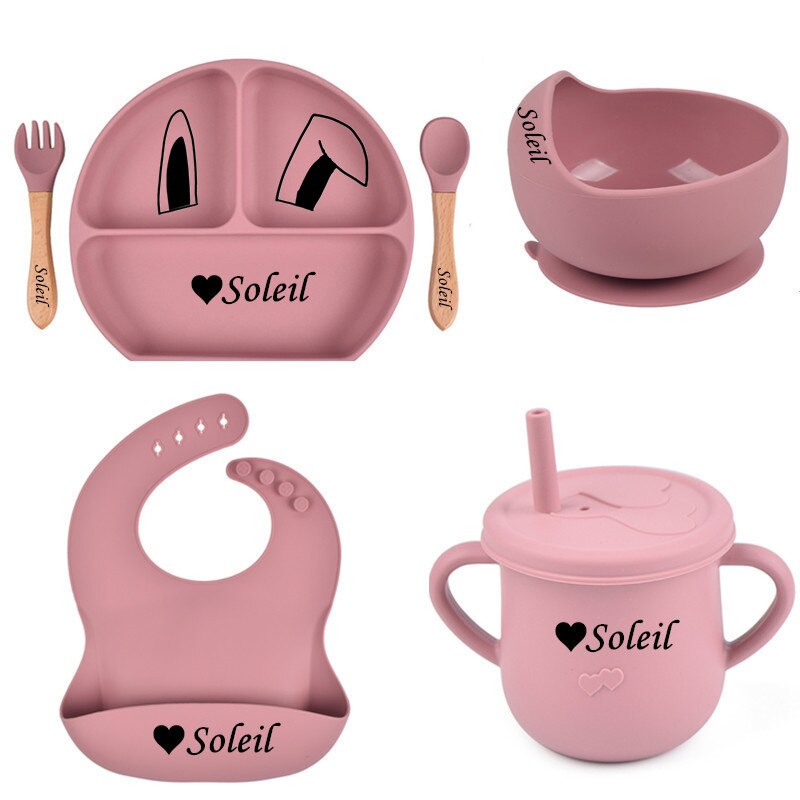 Personalized any name Baby Feeding Set 6 Piece Silicone Set for Self Feeding Learning & Fine Motor Skills Soft, Easy to Grip