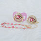 MIYOCAR pink Bling evil eye pacifier and clip set pacifier chain holder bling colorful sweet evil eye pacifier