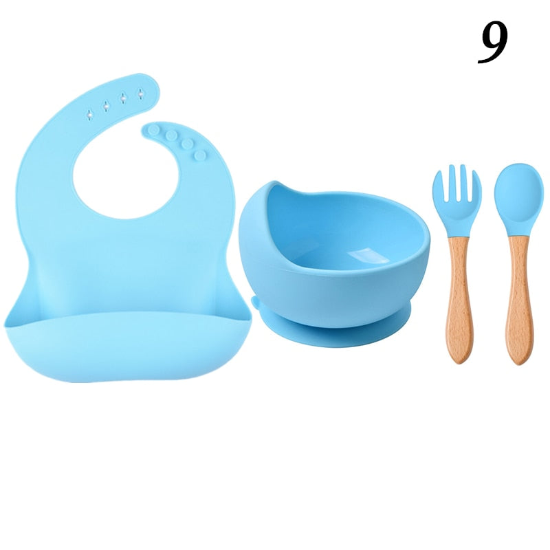 Personalized name Food Grade Baby Feeding Set with Spoon, fork,Silicone Suction Bowls and bib BPA Free - First Stage Self Feed