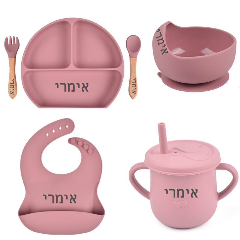 Personalized name Food Grade Baby Feeding Set with Spoon, fork,Silicone Suction Bowls and bib BPA Free - First Stage Self Feed