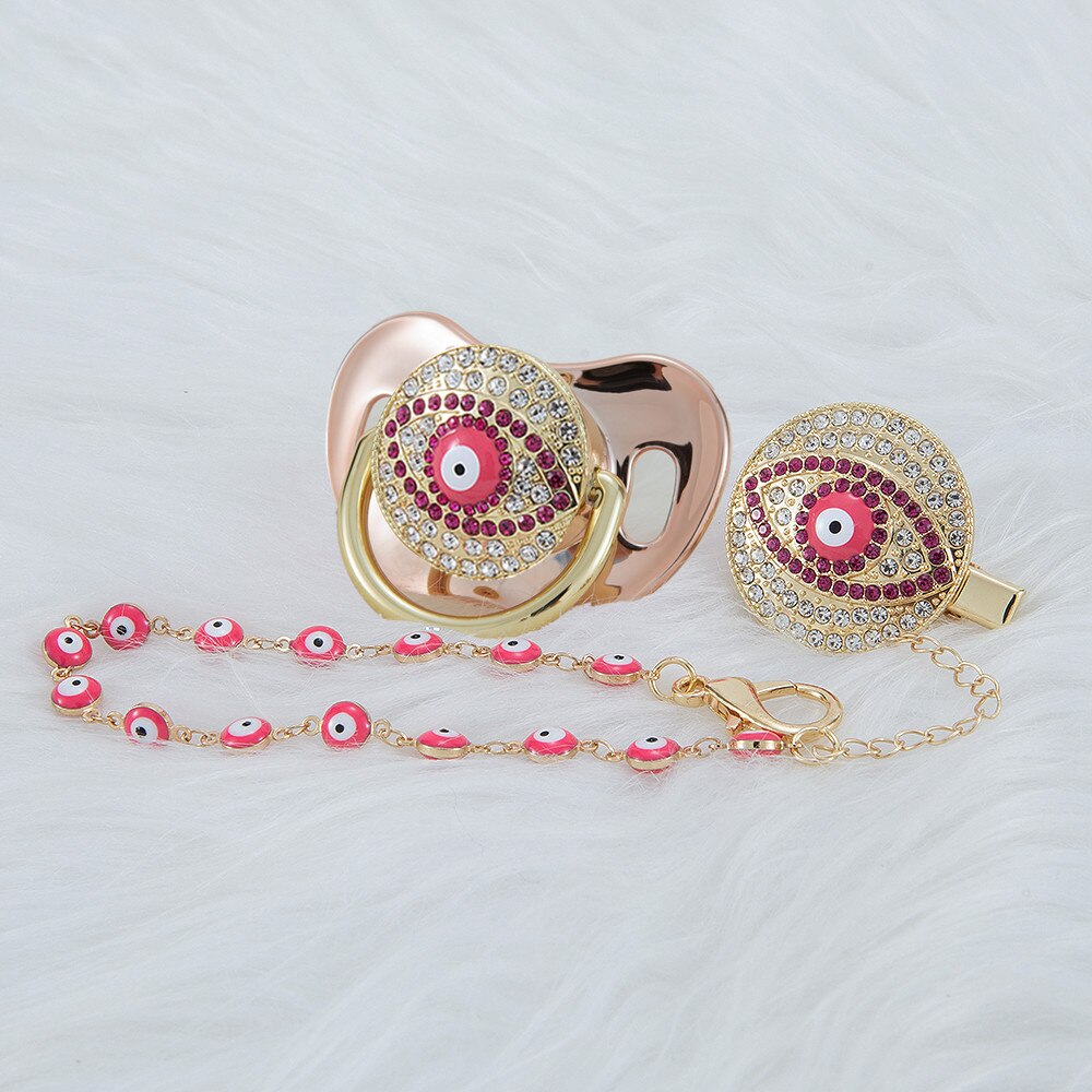 MIYOCAR pink Bling evil eye pacifier and clip set pacifier chain holder bling colorful sweet evil eye pacifier