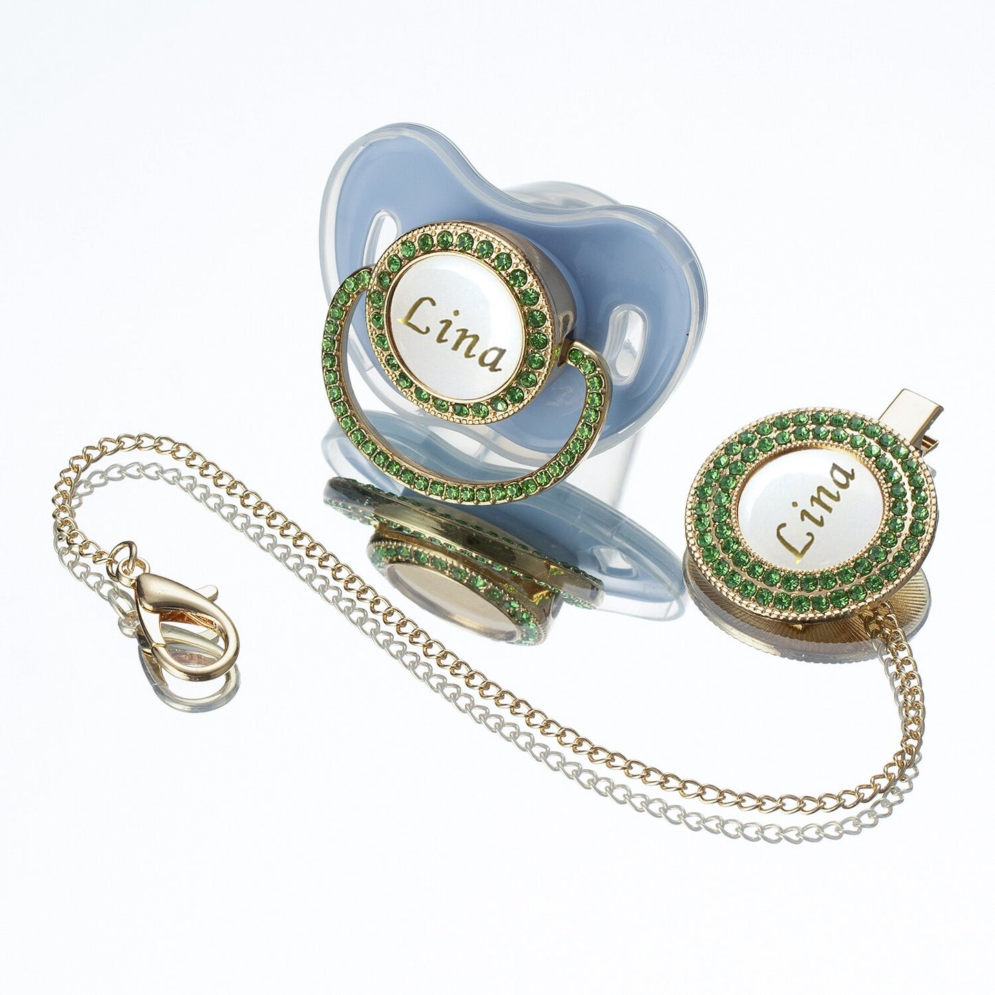 MIYOCAR Lovely bling Custom baby pacifiers and clips/holder kit with name Adorned with Elegant Green Rhinestones for boy girl