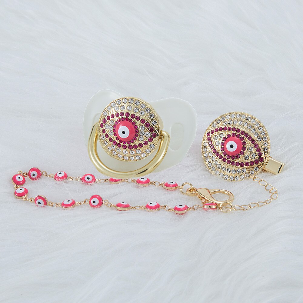 MIYOCAR pink Bling evil eye pacifier and clip set pacifier chain holder bling colorful sweet evil eye pacifier