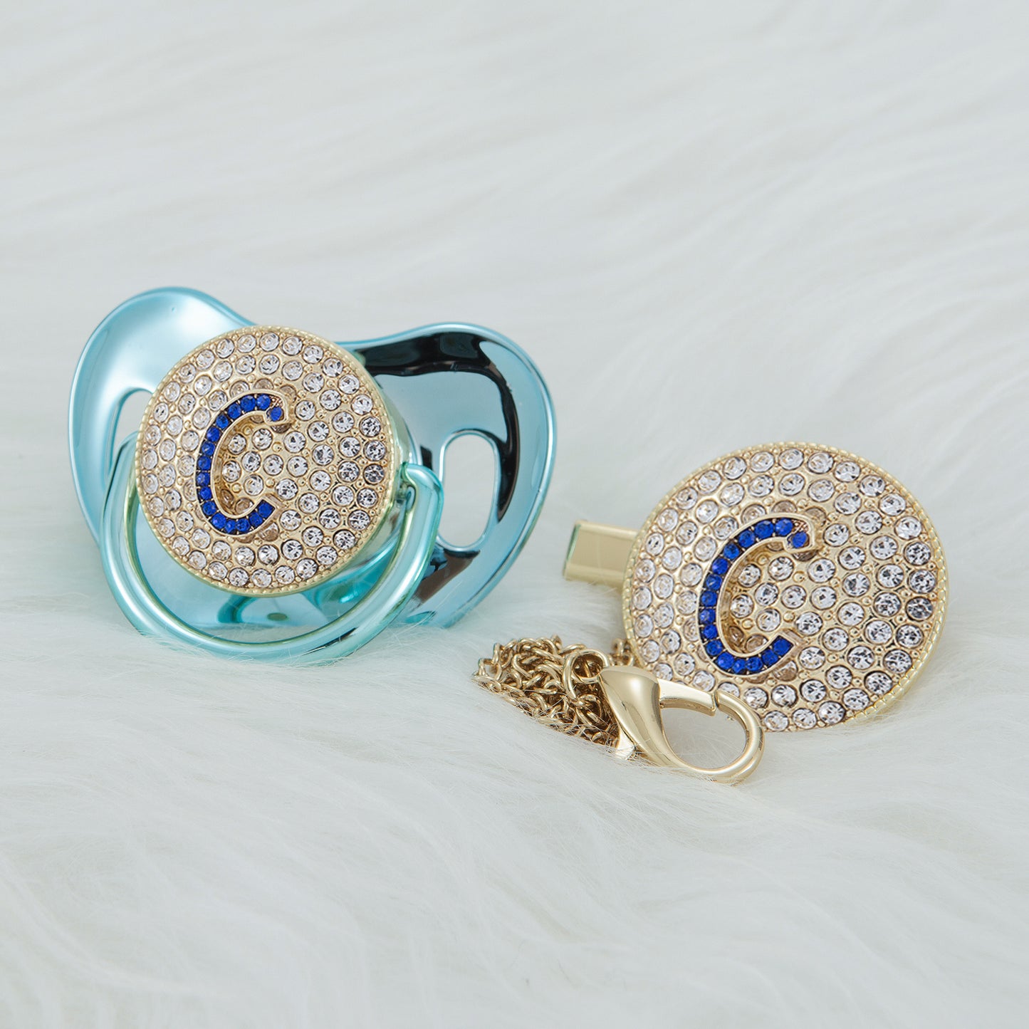 MIYOCAR bling blue Initials blue 3D letter S bling pacifier and pacifier clip BPA free dummy ideal gift baby shower