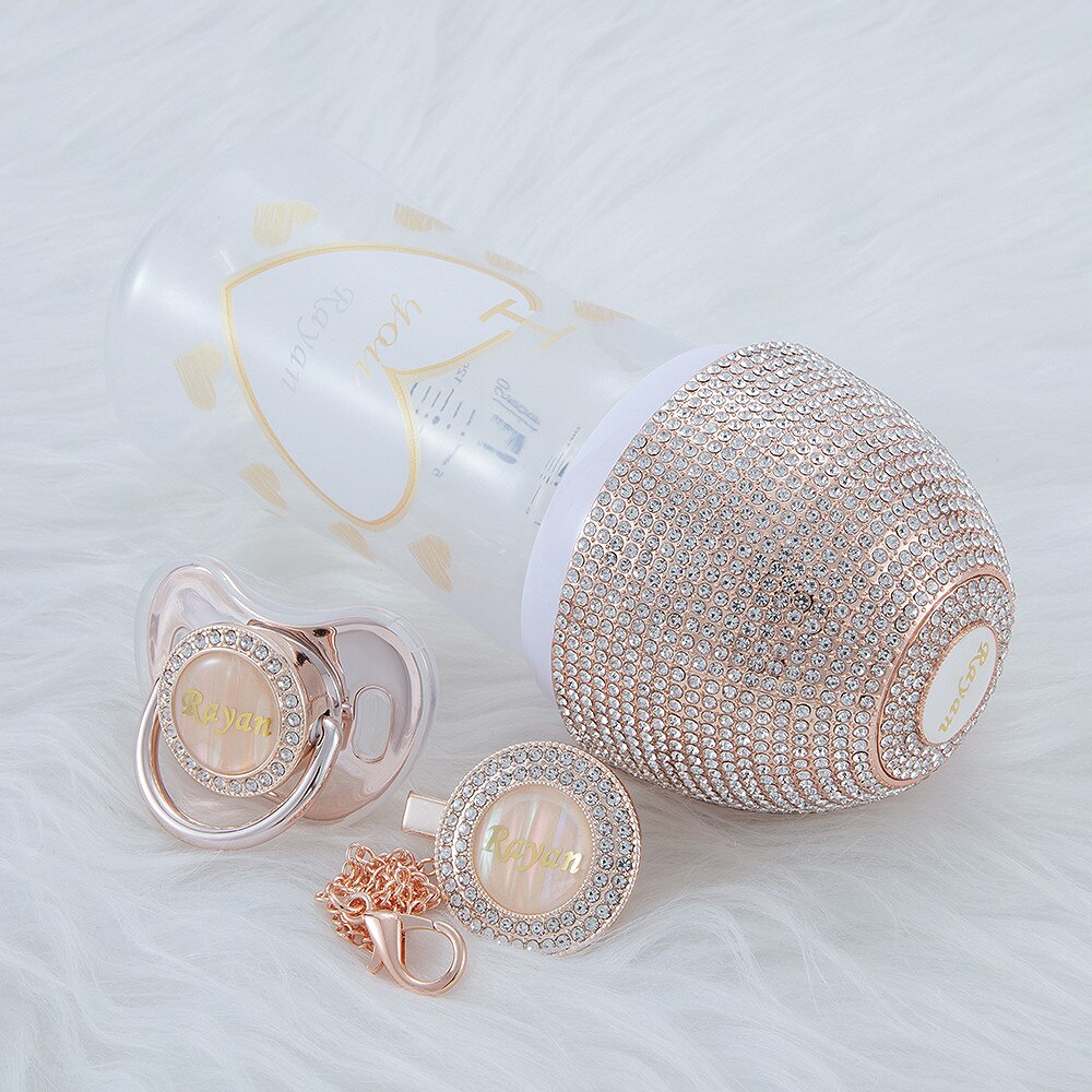 MIYOCAR personalized gold bling baby bottle pacifier and pacifier clip set BPA free unique gift for baby feeding bottle pacifier