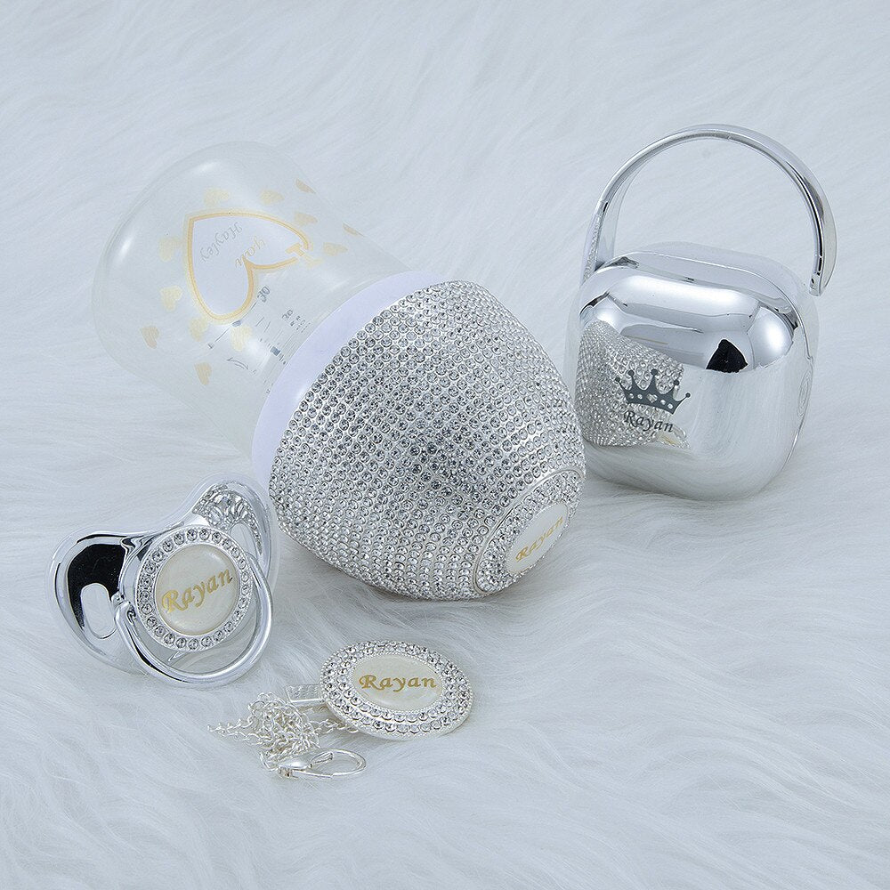 MIYOCAR personalized gold bling baby bottle pacifier and pacifier clip pacifier box set BPA free