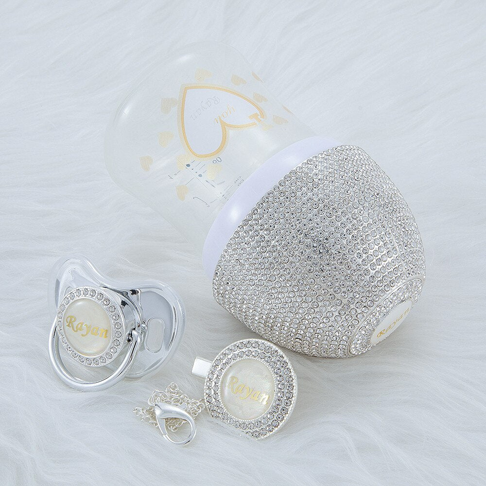 MIYOCAR personalized gold bling baby bottle pacifier and pacifier clip set BPA free unique gift for baby feeding bottle pacifier