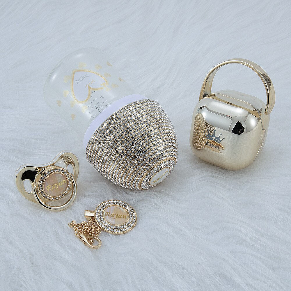 MIYOCAR personalized gold bling baby bottle pacifier and pacifier clip pacifier box set BPA free