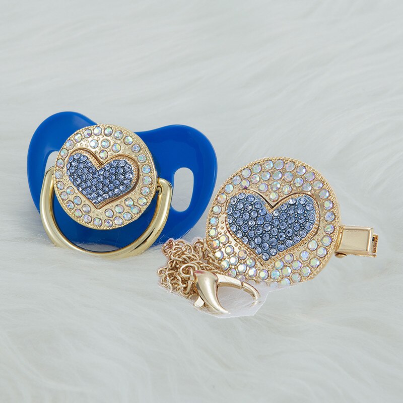 MIYOCAR luxurious bling 3D blue heart pacifier and pacifier clip BPA free unique gift Photography no for daily use