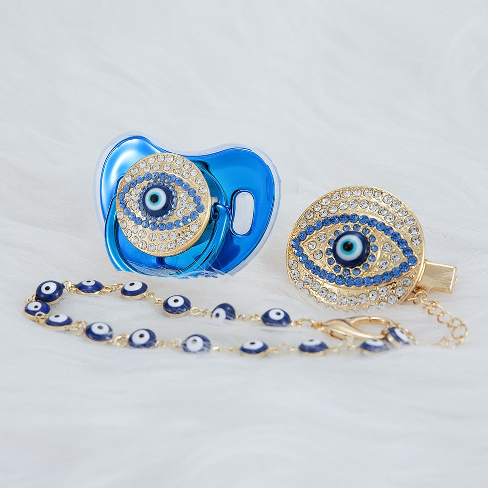 MIYOCAR blue Bling evil eye pacifier and clip set pacifier chain holder bling colorful lovely evil eye pacifier AEYE-C