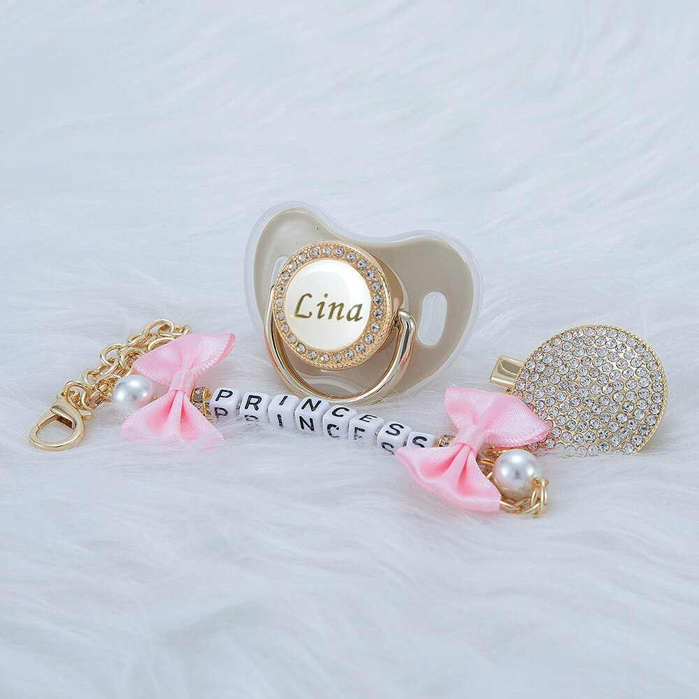 MIYOCAR Personalized any name bling pacifier and pink bow pacifier clip BPA free dummy bling unique design perfect gift