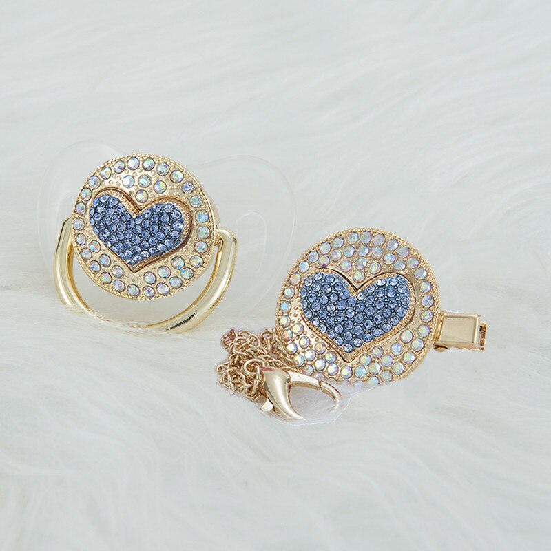 MIYOCAR luxurious bling 3D blue heart pacifier and pacifier clip BPA free unique gift Photography no for daily use