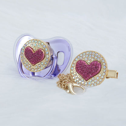 MIYOCAR unique bling 3D pink heart Metallic pacifier and pacifier clip BPA free New Born gift Photography no for daily use