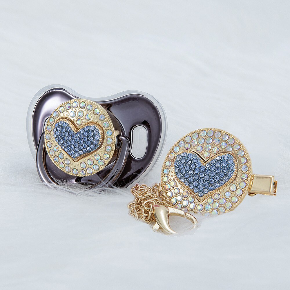 MIYOCAR luxurious bling 3D blue heart pacifier and pacifier clip BPA free unique gift Photography no for daily use