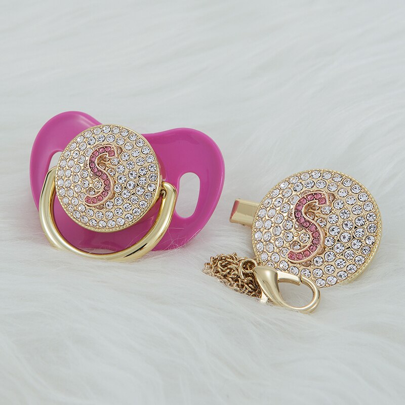 MIYOCAR luxurious gold pin bling red 3D Initials pink letter S bling pacifier and pacifier clip BPA free dummy bling unique gift