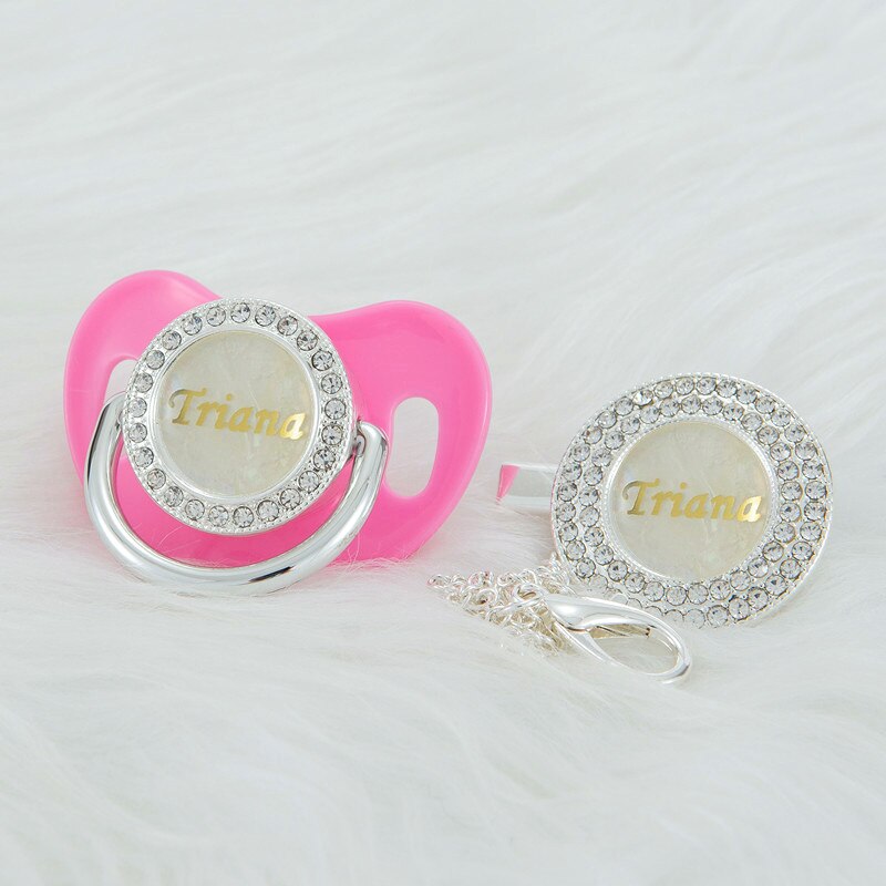 MIYOCAR custom any name silver pearl bling pacifier and pacifier clip BPA free dummy bling unique gift baby shower PS