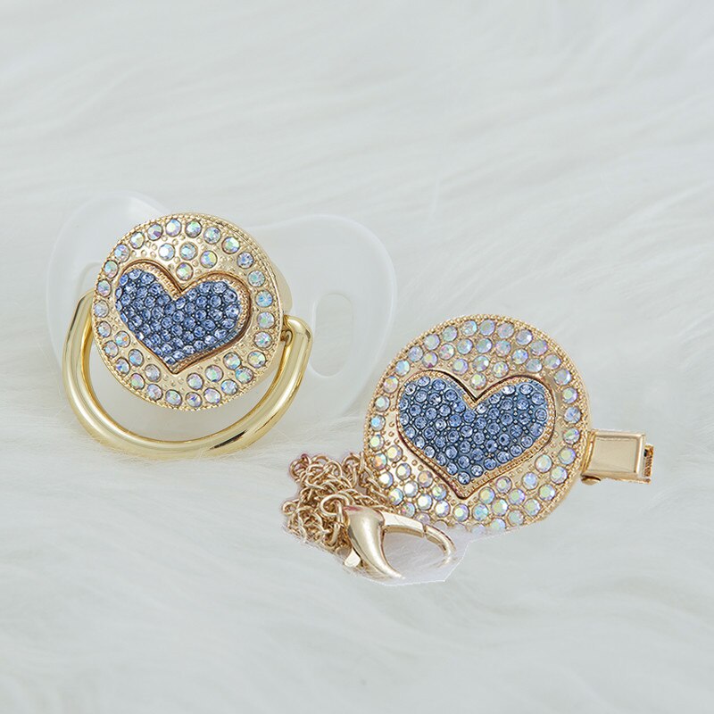 MIYOCAR luxurious bling 3D blue heart pacifier and pacifier clip BPA free unique gift Photography no for daily use