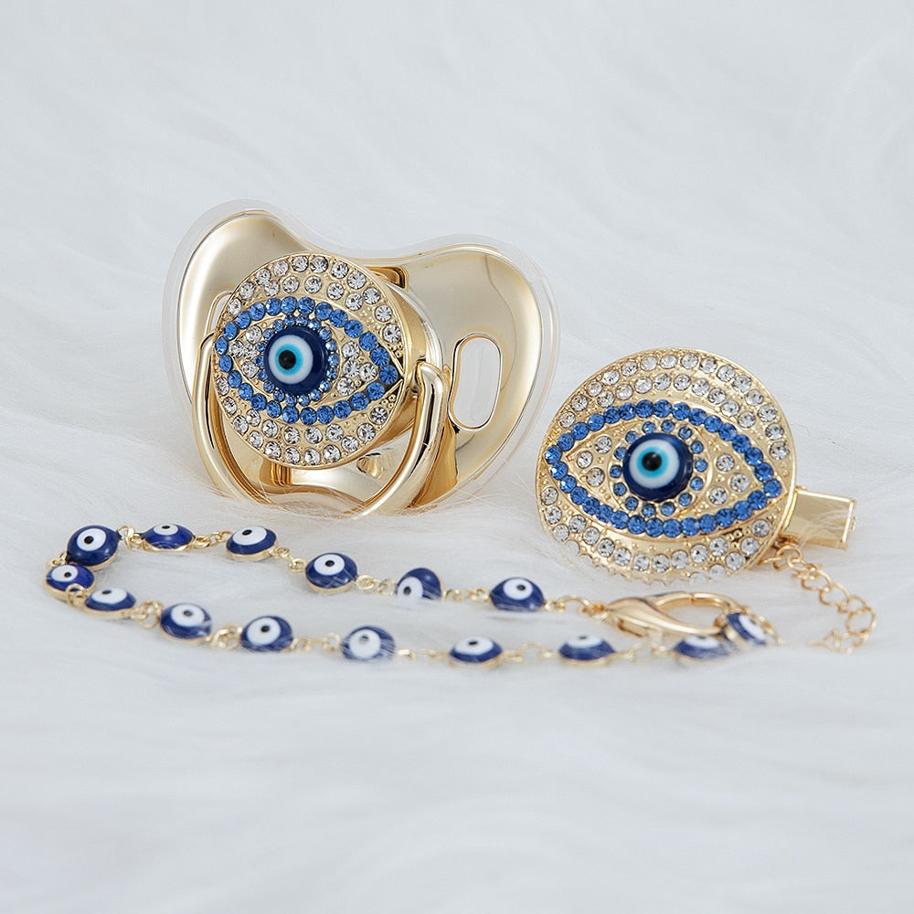 MIYOCAR blue Bling evil eye pacifier and clip set pacifier chain holder bling colorful lovely evil eye pacifier AEYE-C