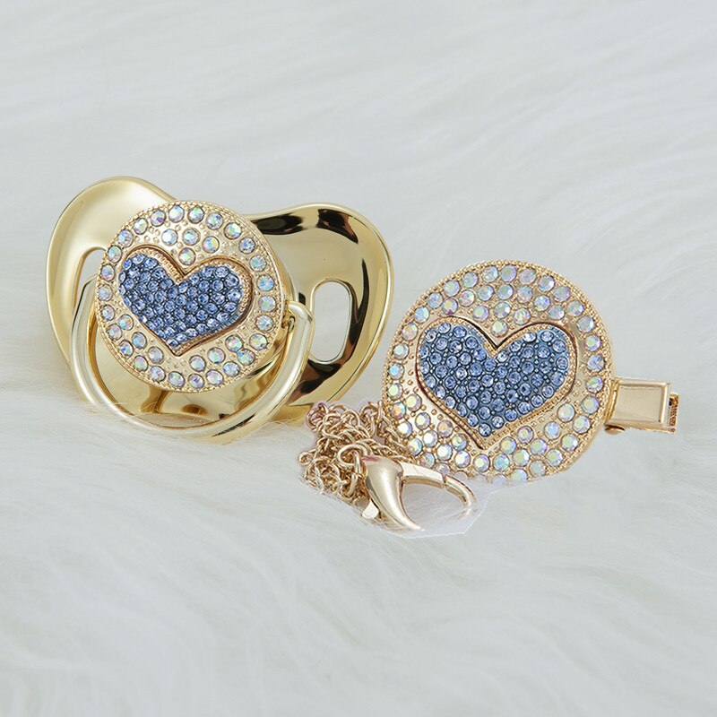 MIYOCAR luxurious bling 3D blue heart pacifier and pacifier clip BPA free unique gift Photography no for daily use