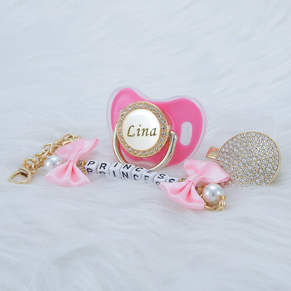 MIYOCAR Personalized any name bling pacifier and pink bow pacifier clip BPA free dummy bling unique design perfect gift