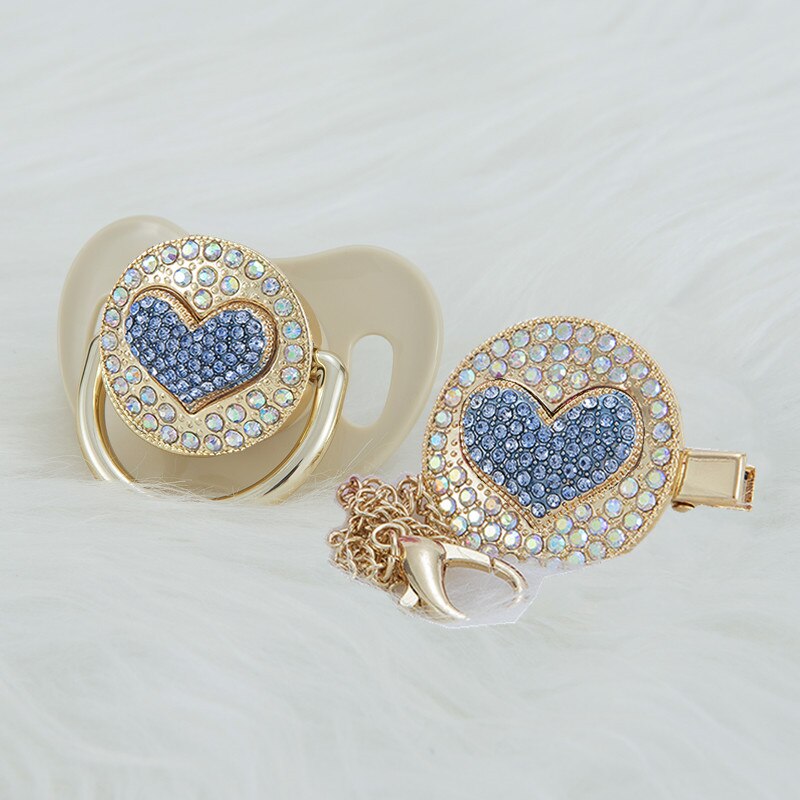 MIYOCAR luxurious bling 3D blue heart pacifier and pacifier clip BPA free unique gift Photography no for daily use